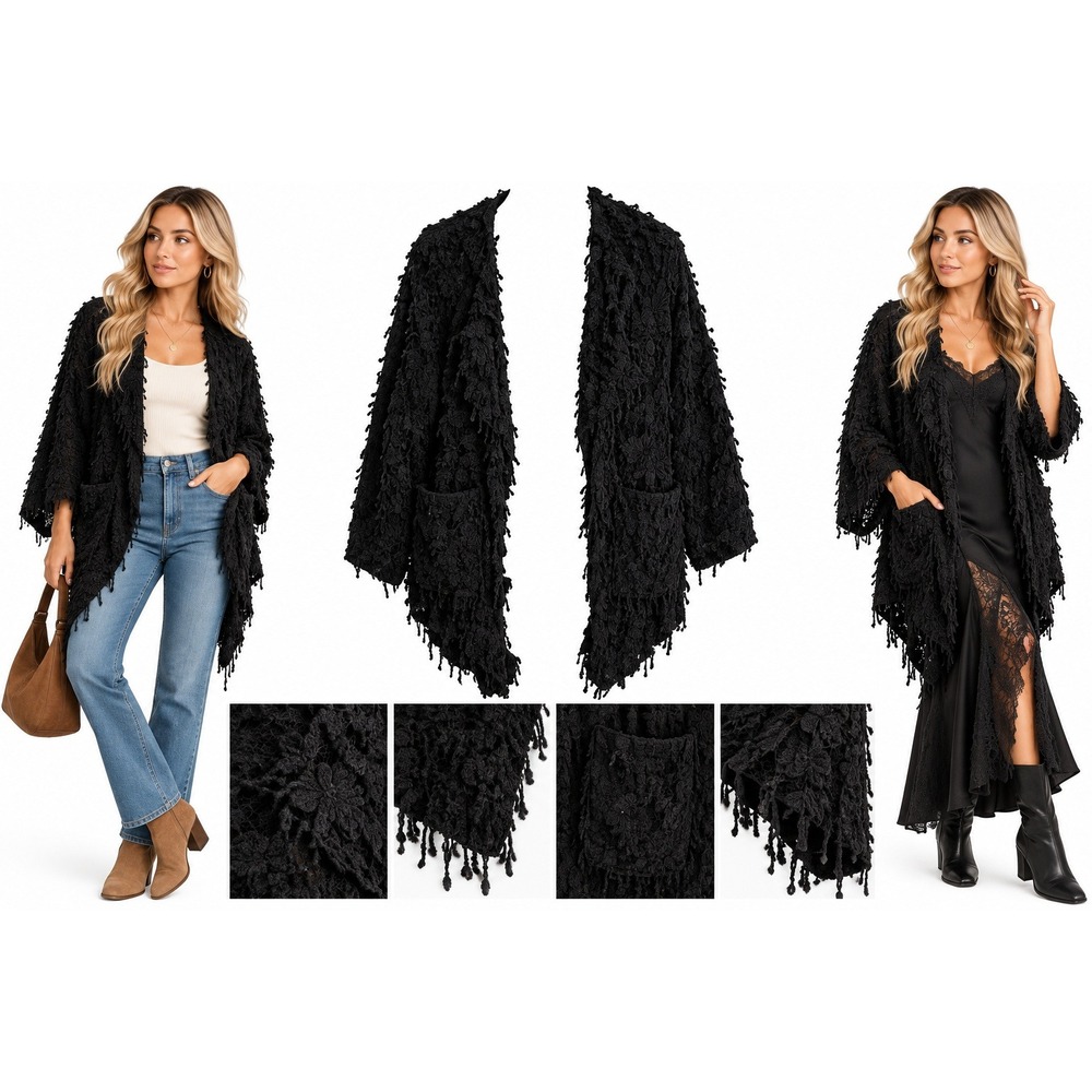 Lark Jacket L Black Floral Lace Open Front Fringe Pockets Boho Whimsigoth Goth